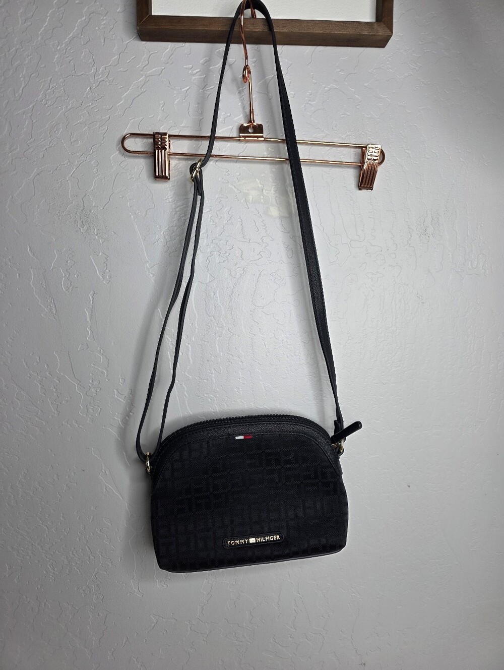 Tommy Hilfiger Black Monogram Crossbody with Logo Plaque